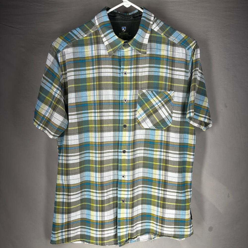 Kuhl Button Up Short Sleeve Shirt Men's Size Medium Green Beach Plaid 100% Organ